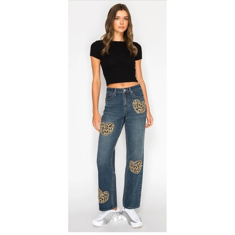 Cali 1850 Leopard Heart Patch Wide Leg Jeans Size 11 Blue Denim NWT Bohoโ Trendy